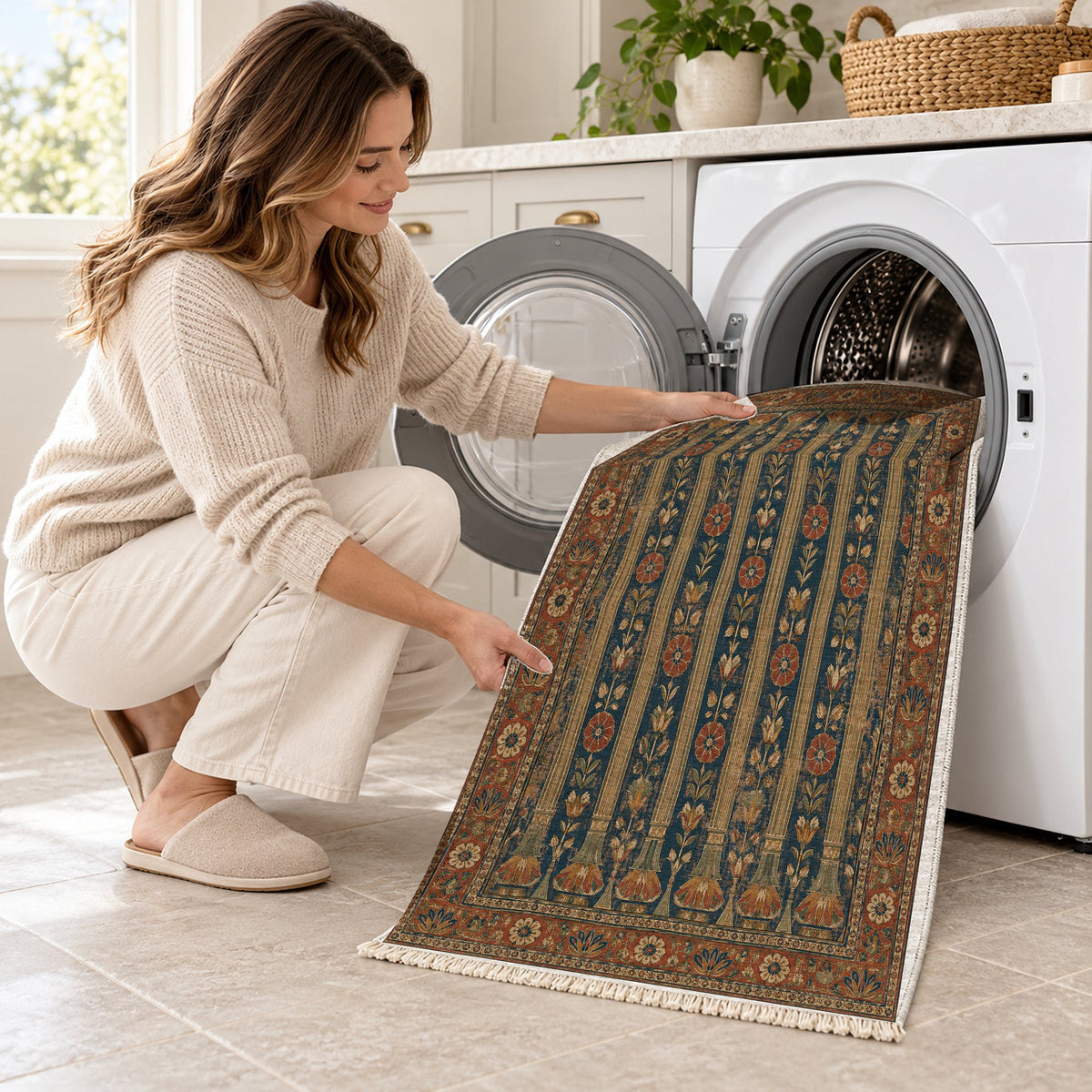 Column Rhythm Indigo & Rust washable rug being loaded into a washing machine