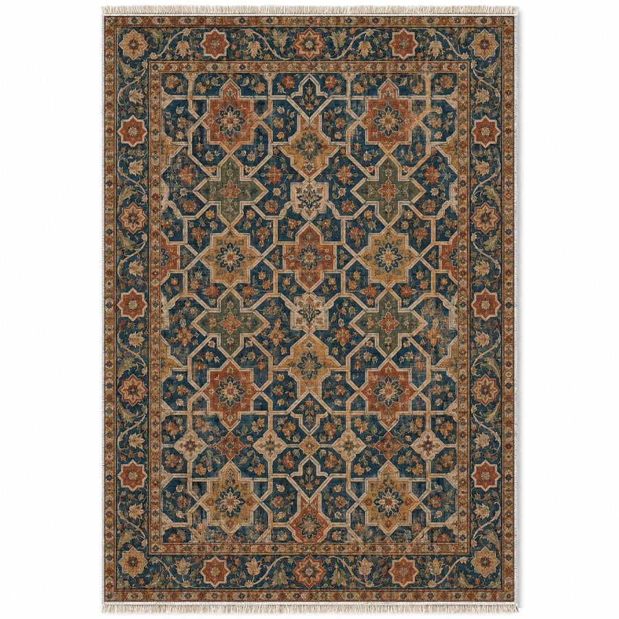 Comares Stars Indigo & Rust Moorish Washable Rug