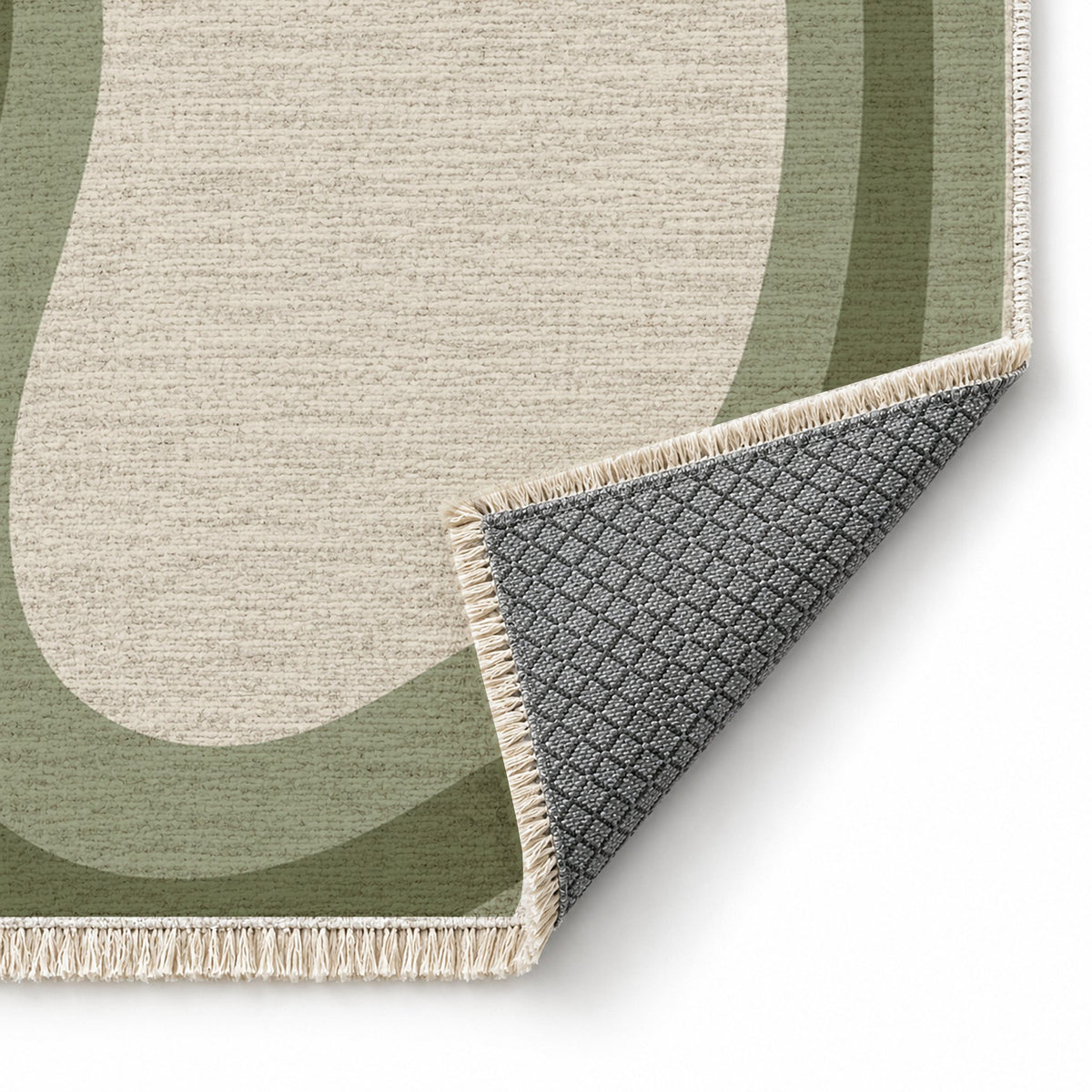Contour Loop Ivory & Sage washable rug folded corner showing the backing