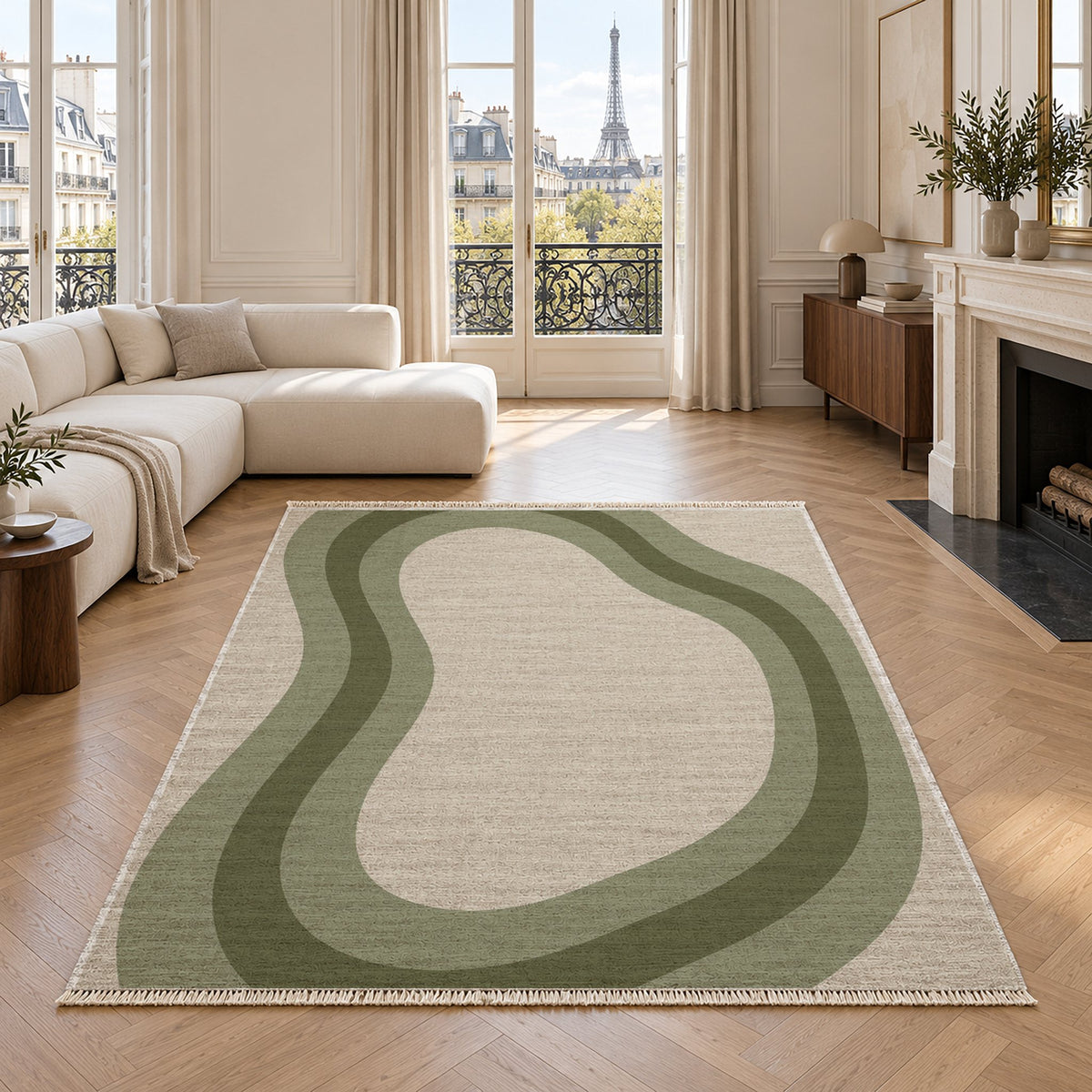 Contour Loop Ivory & Sage washable rug in a living room with an Eiffel Tower view