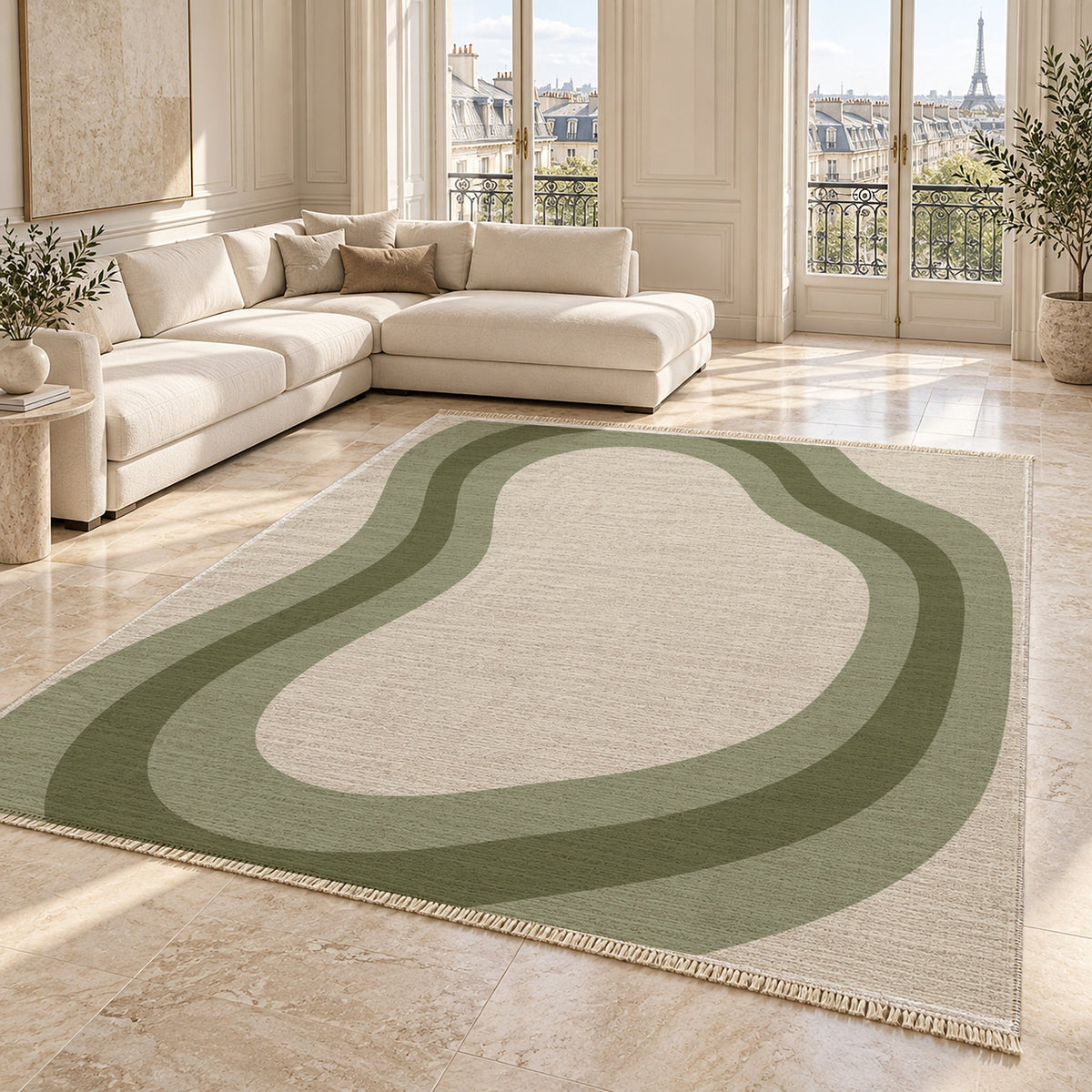 Contour Loop Ivory & Sage washable rug angled room view on marble