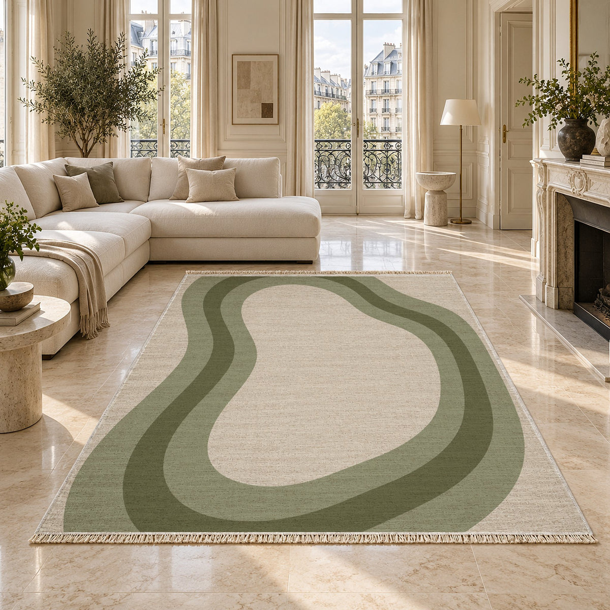 Contour Loop Ivory & Sage washable rug on a marble floor