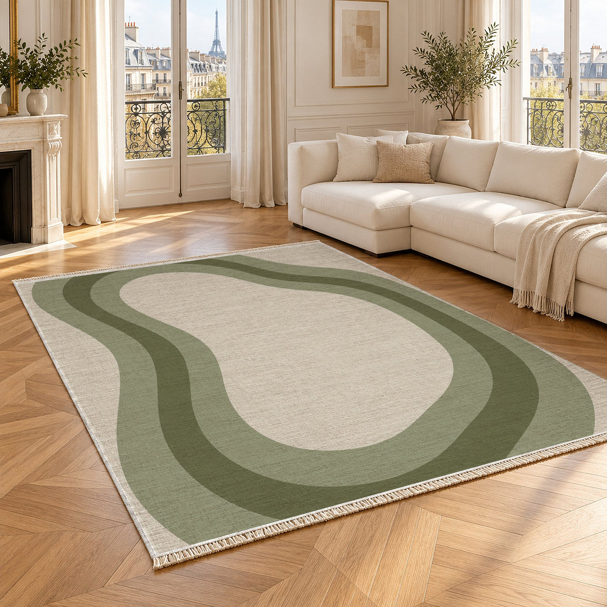 Contour Loop Ivory & Sage washable rug angled room view