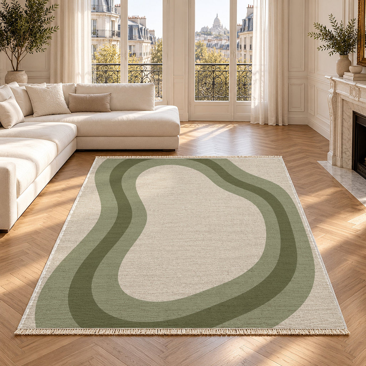 Contour Loop Ivory & Sage washable rug in a Paris living room
