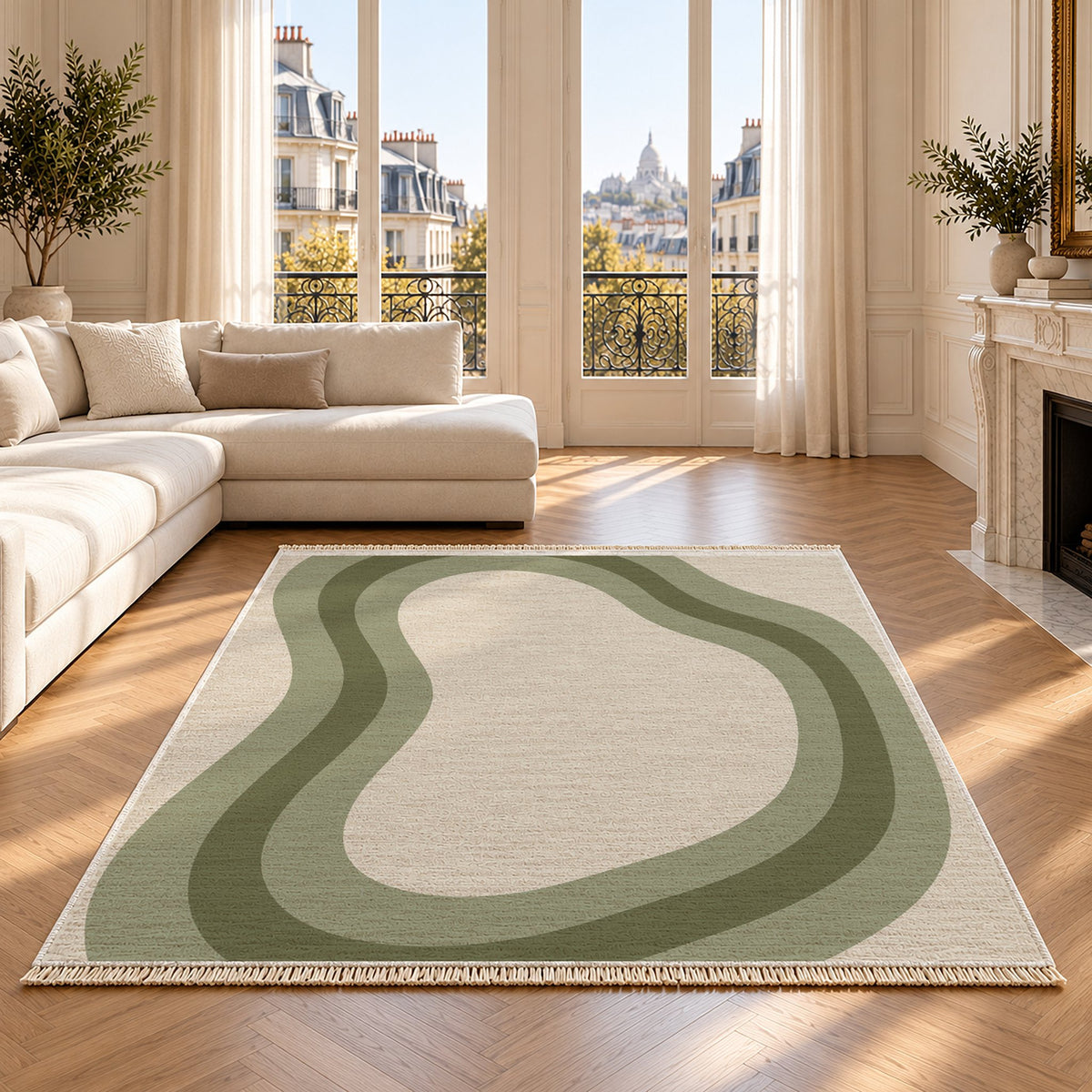 Contour Loop Ivory & Sage washable rug on an oak floor