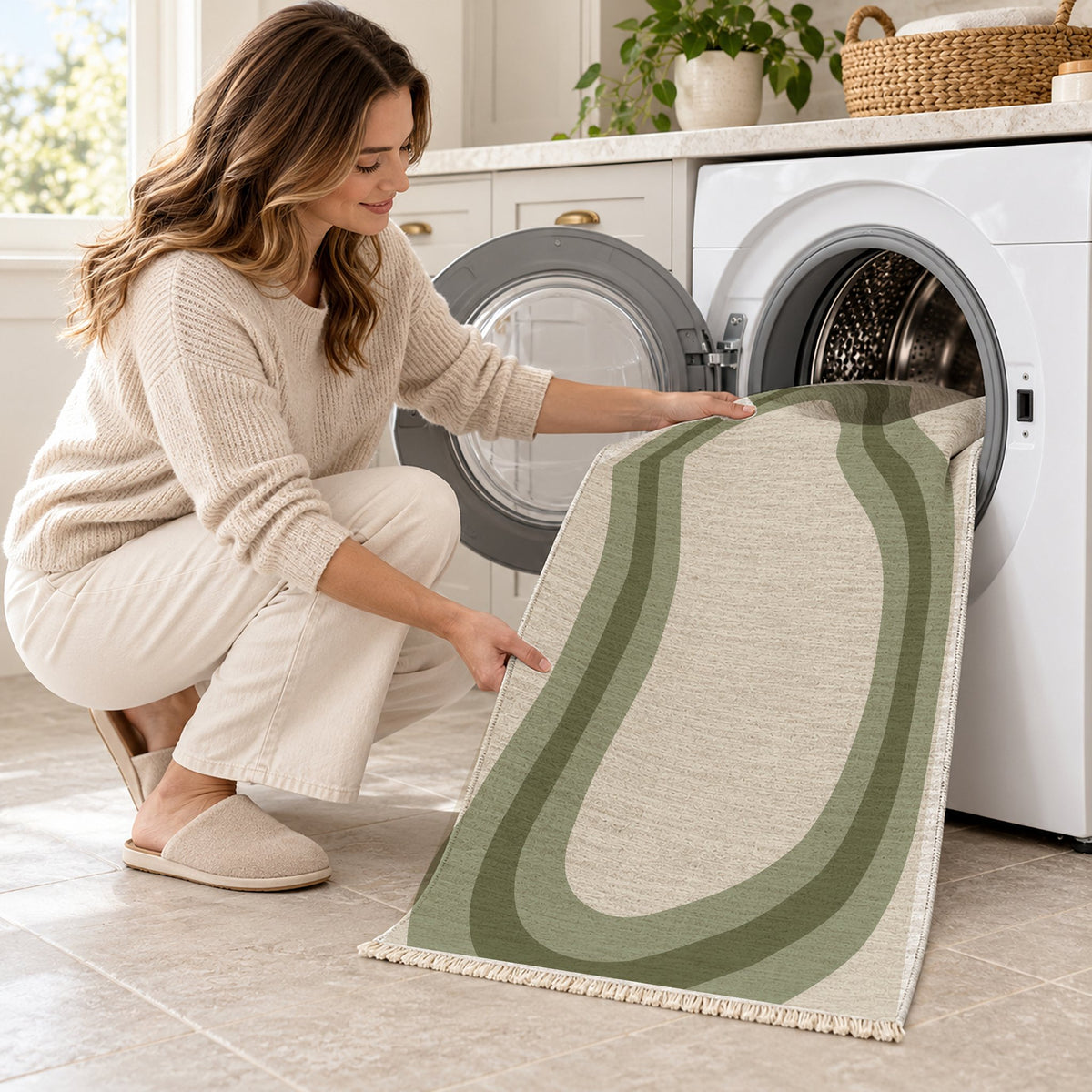 Contour Loop Ivory & Sage washable rug being loaded into a washing machine