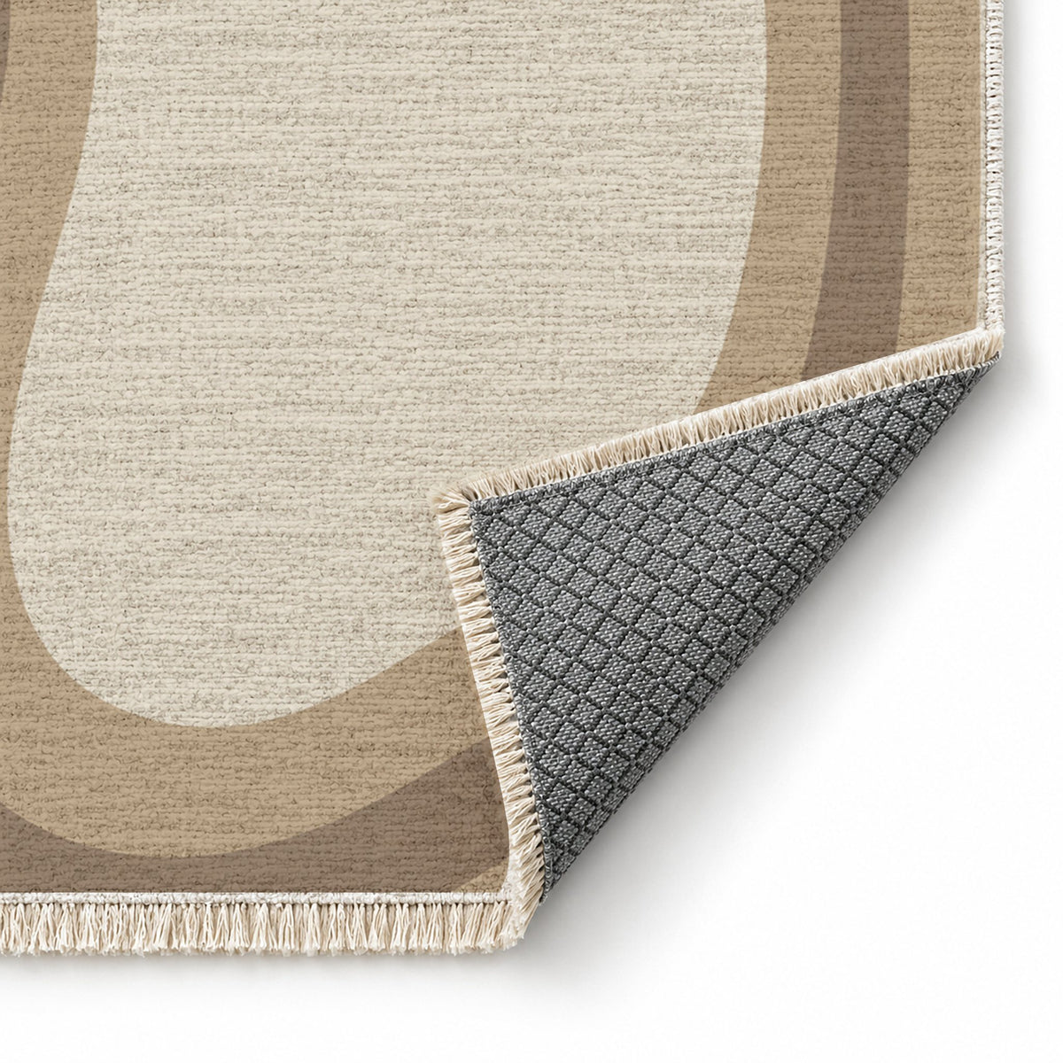 Contour Loop Ivory & Sand washable rug folded corner showing the backing