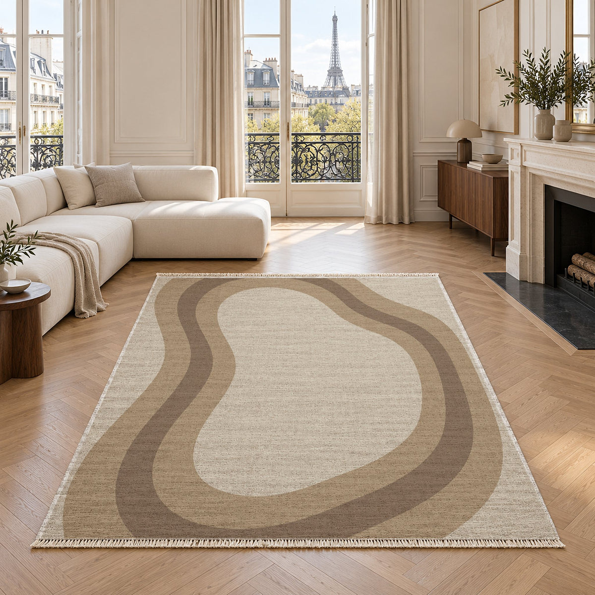 Contour Loop Ivory & Sand washable rug in a living room with an Eiffel Tower view