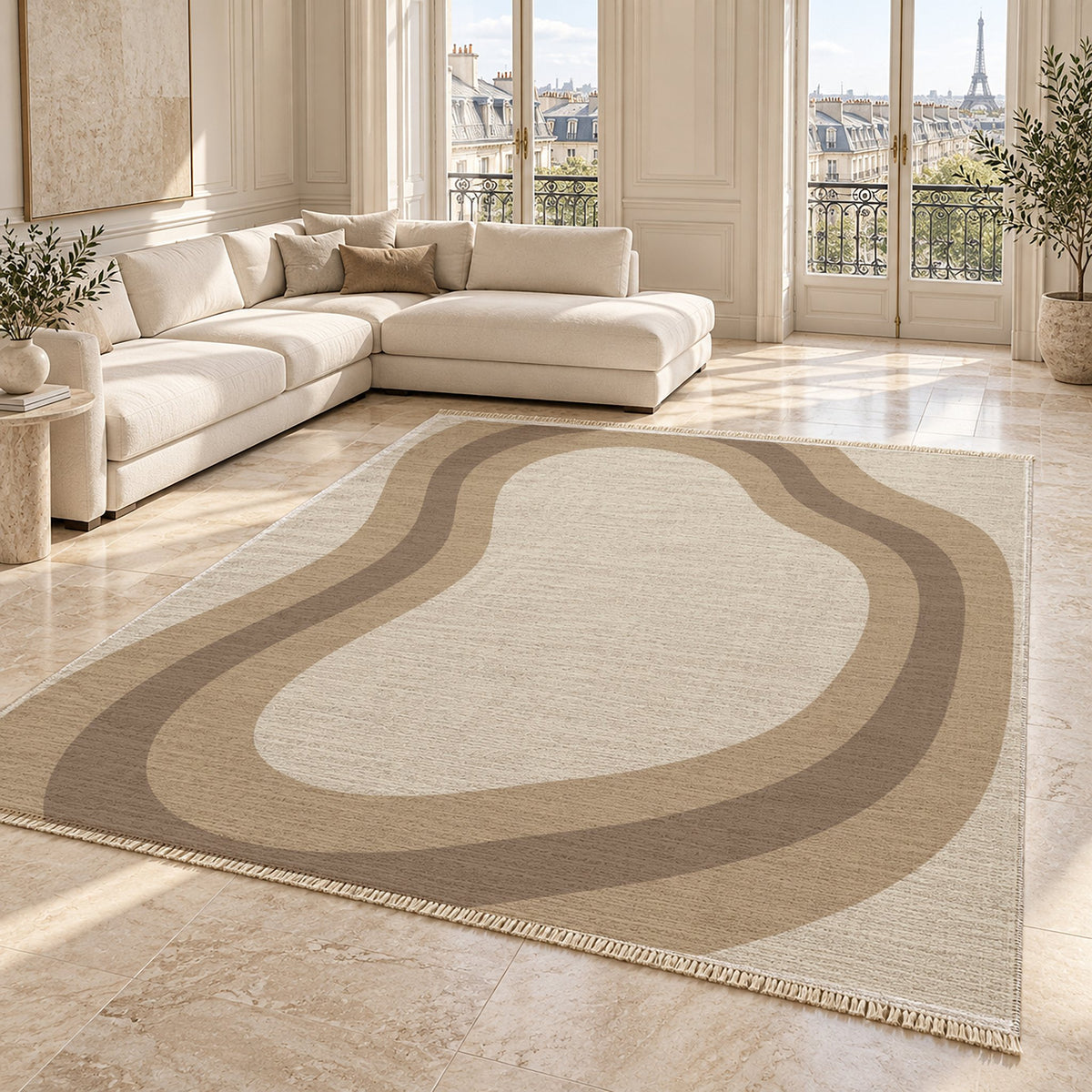 Contour Loop Ivory & Sand washable rug angled room view on marble