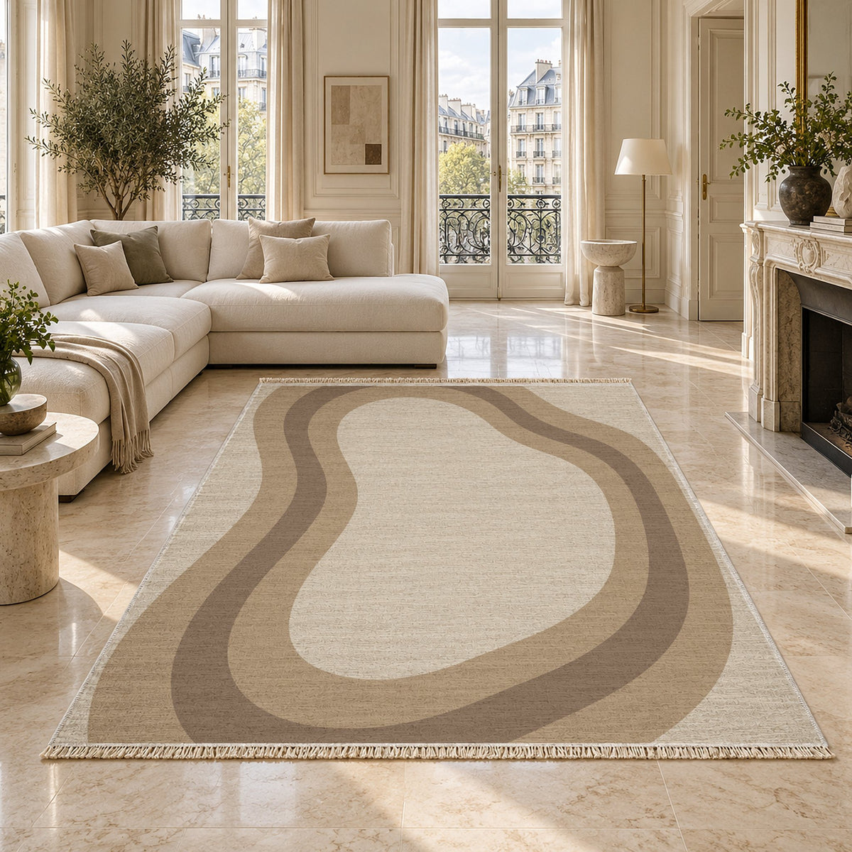 Contour Loop Ivory & Sand washable rug on a marble floor