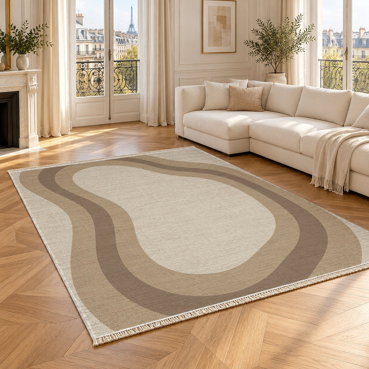 Contour Loop Ivory & Sand washable rug angled room view