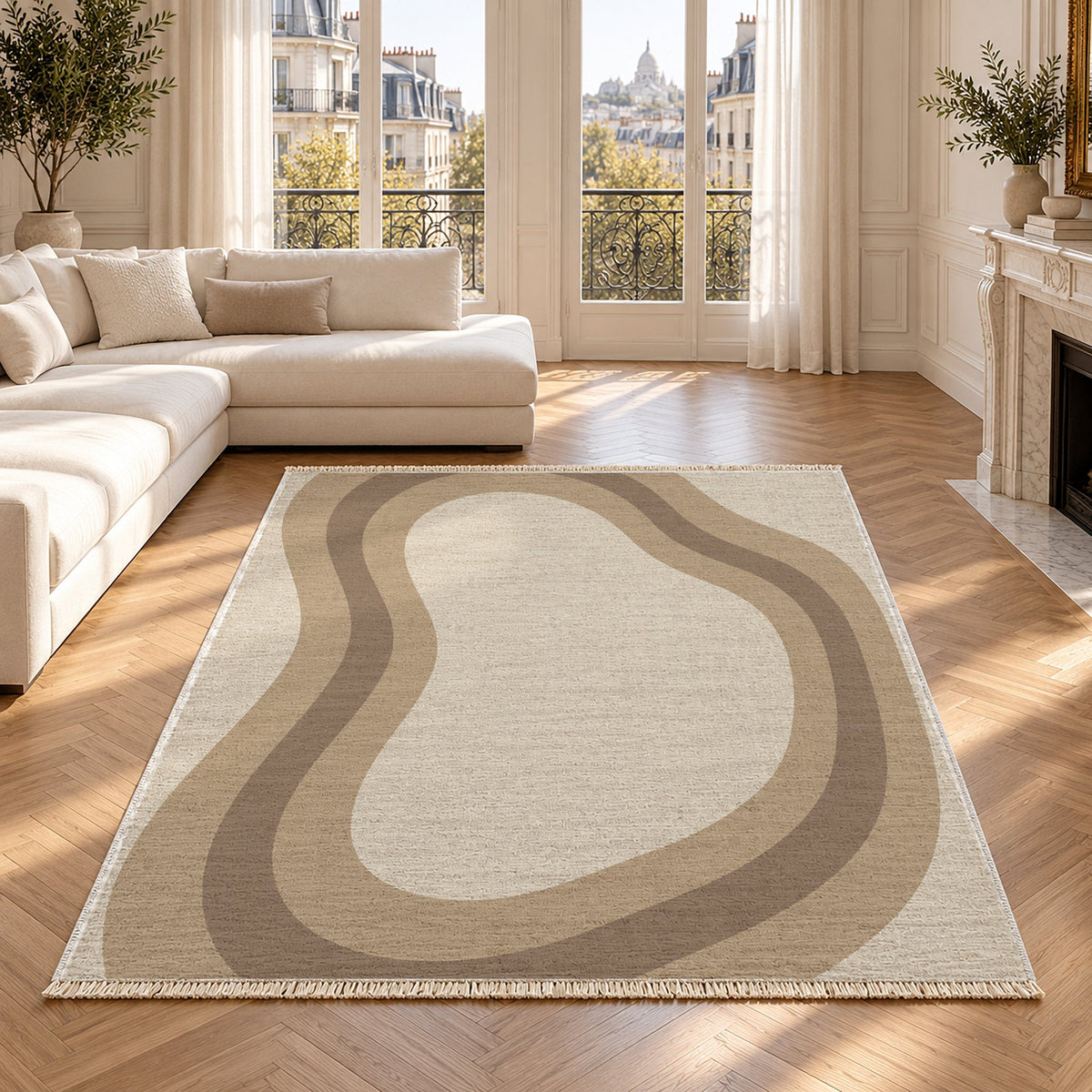 Contour Loop Ivory & Sand washable rug in a Paris living room