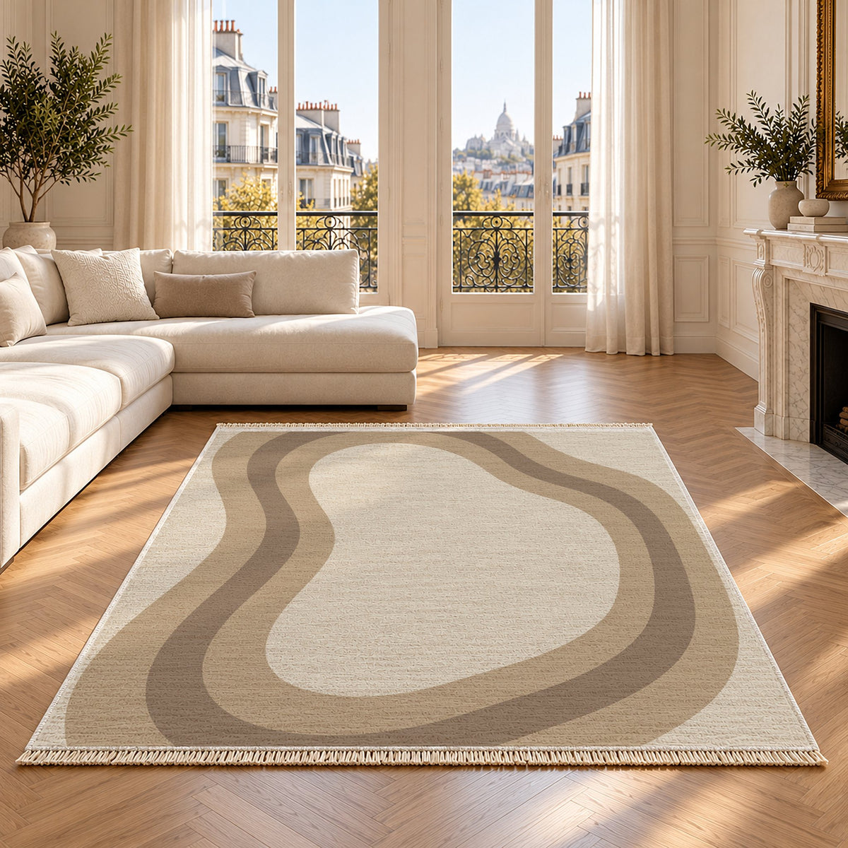 Contour Loop Ivory & Sand washable rug on an oak floor