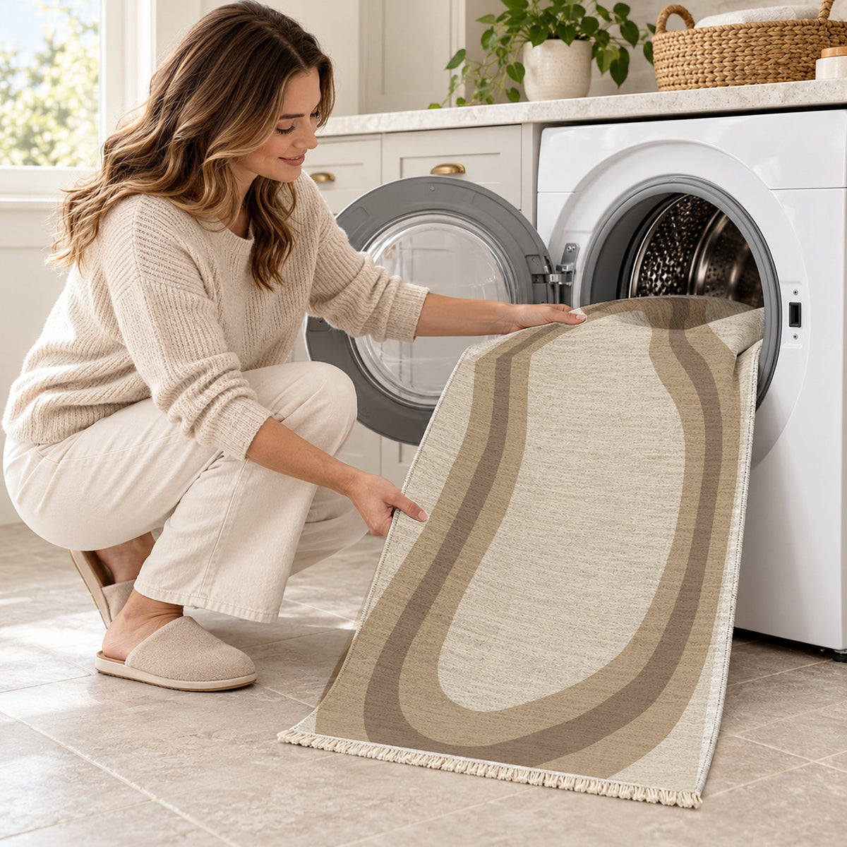 Contour Loop Ivory & Sand washable rug being loaded into a washing machine