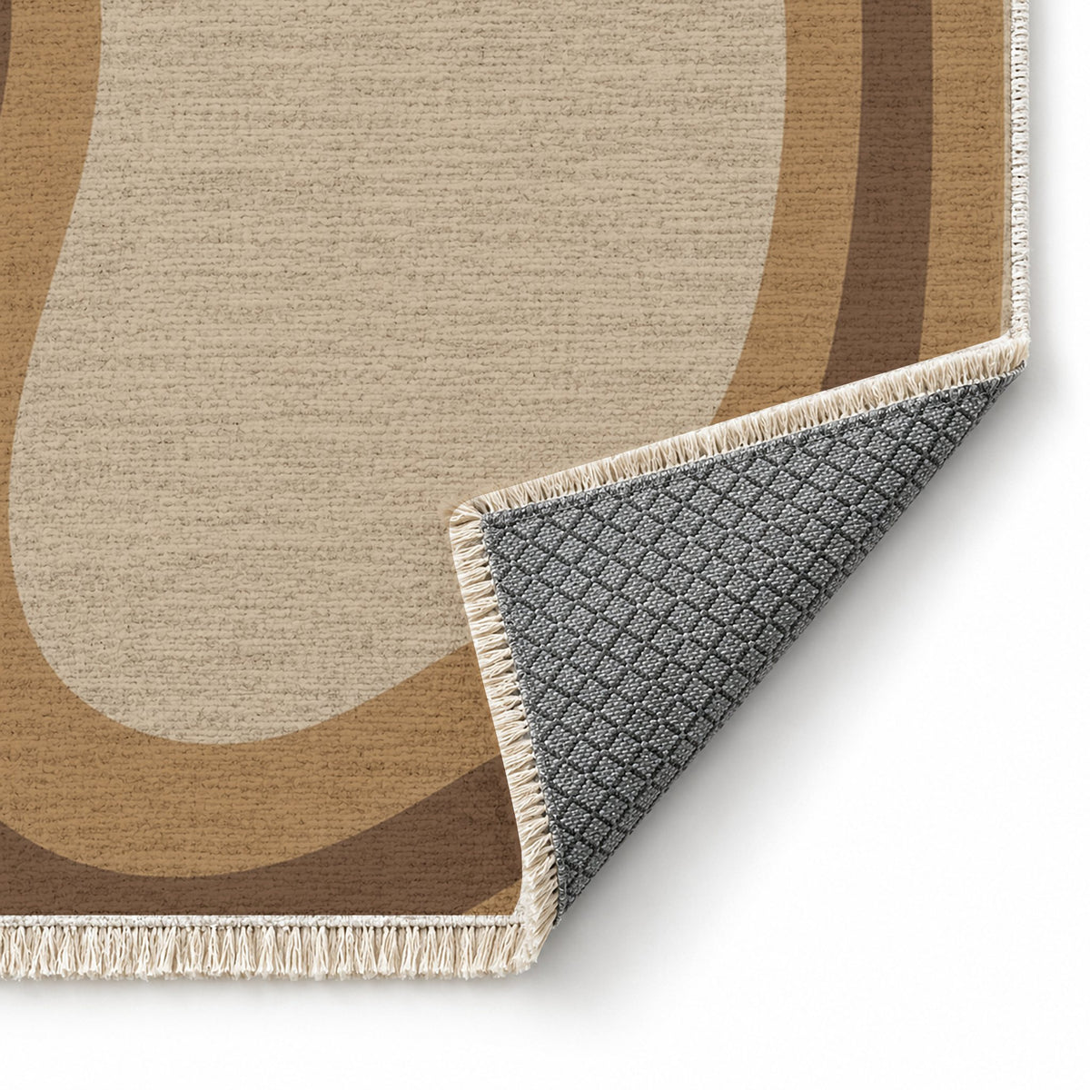 Contour Loop Oat & Cocoa washable rug folded corner showing the backing