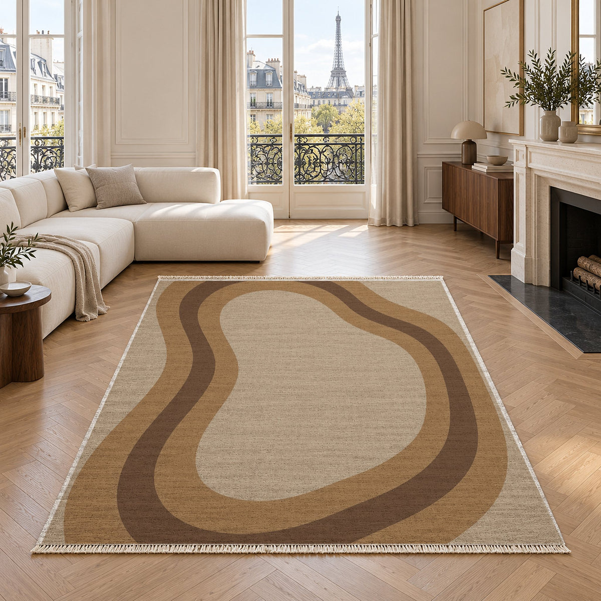 Contour Loop Oat & Cocoa washable rug in a living room with an Eiffel Tower view