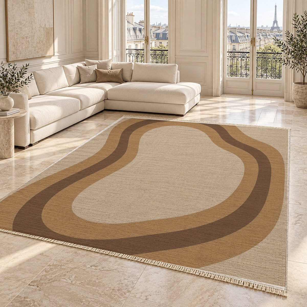 Contour Loop Oat & Cocoa washable rug angled room view on marble