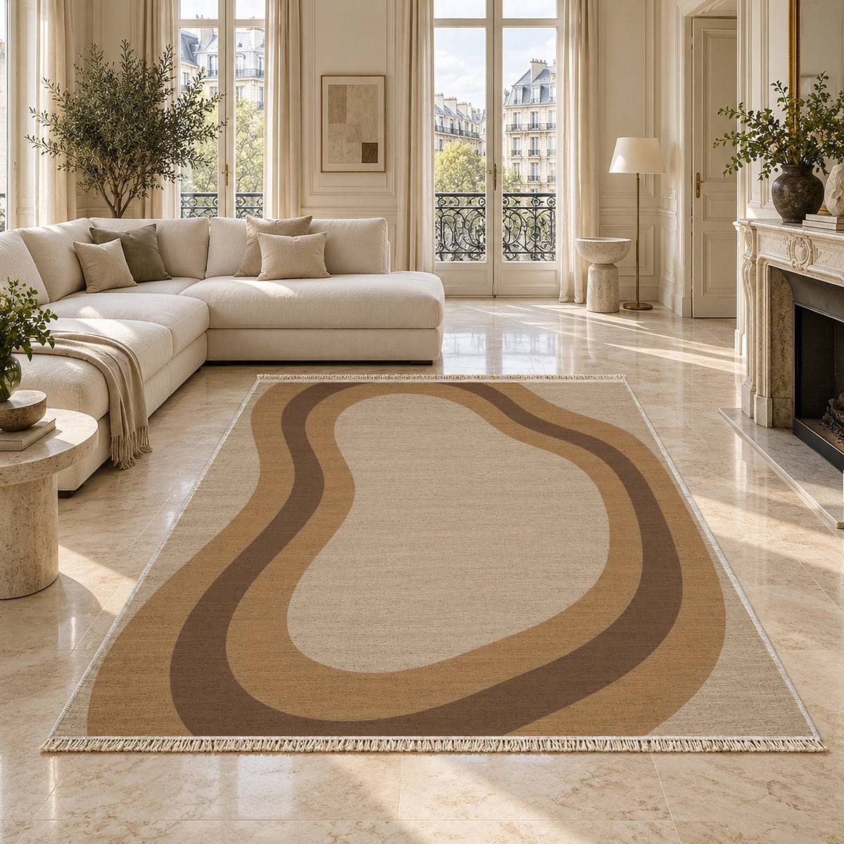 Contour Loop Oat & Cocoa washable rug on a marble floor