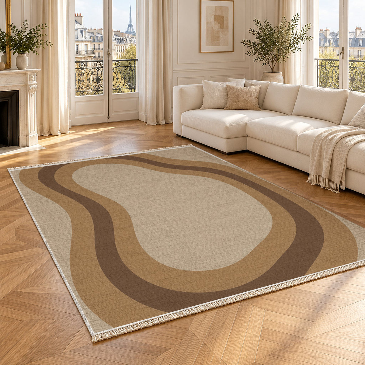 Contour Loop Oat & Cocoa washable rug angled room view