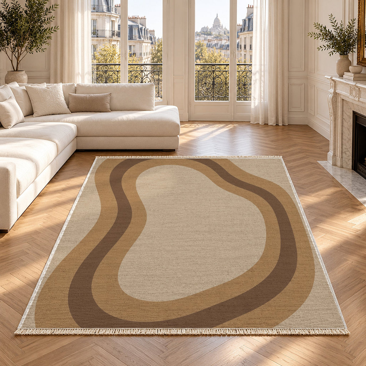 Contour Loop Oat & Cocoa washable rug in a Paris living room