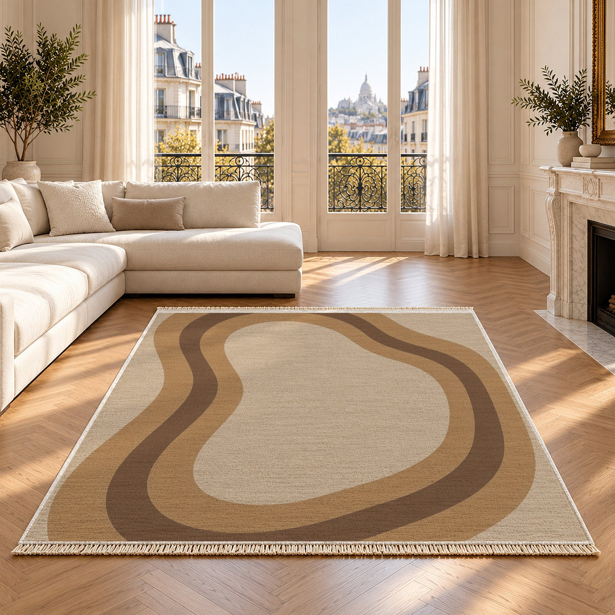 Contour Loop Oat & Cocoa washable rug on an oak floor