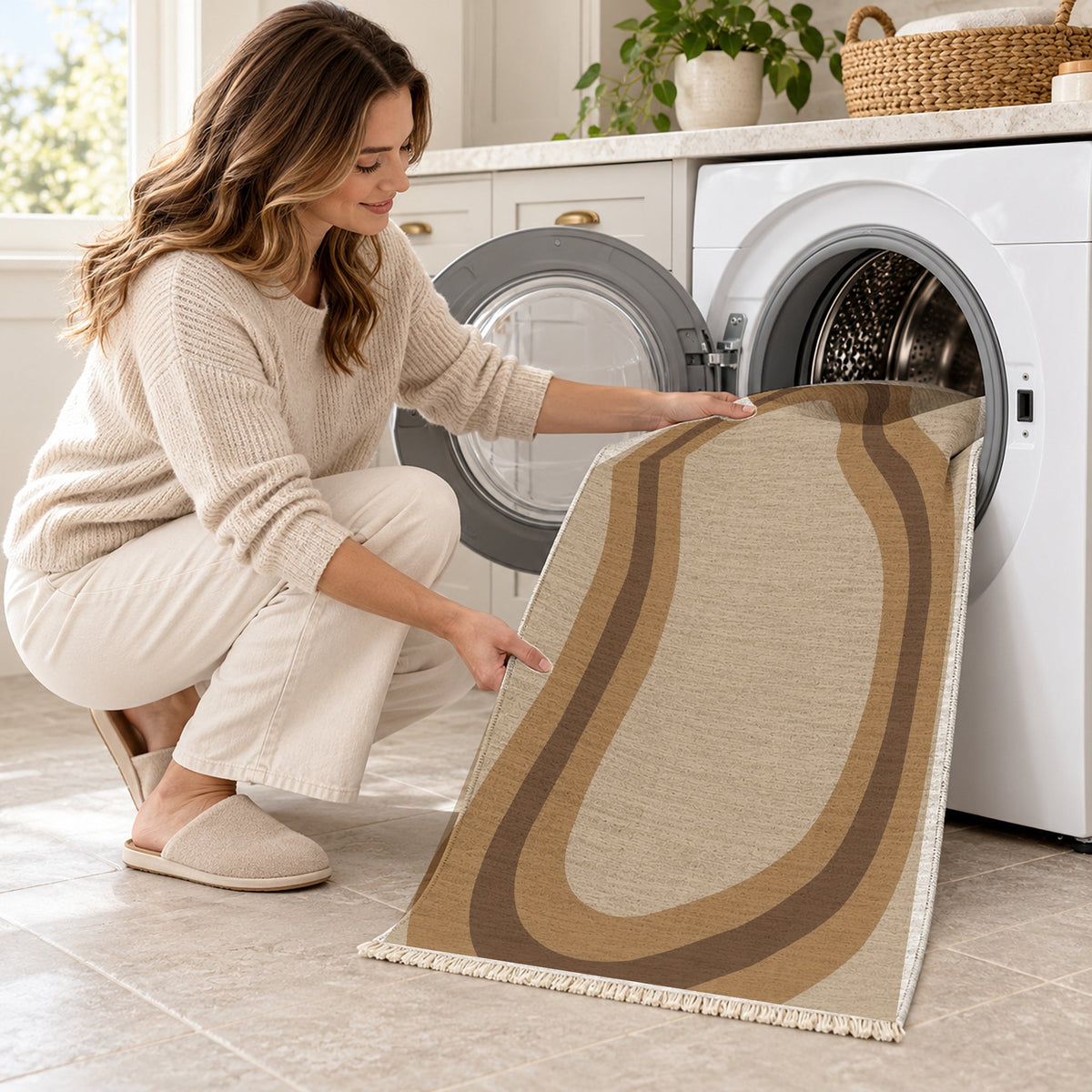 Contour Loop Oat & Cocoa washable rug being loaded into a washing machine