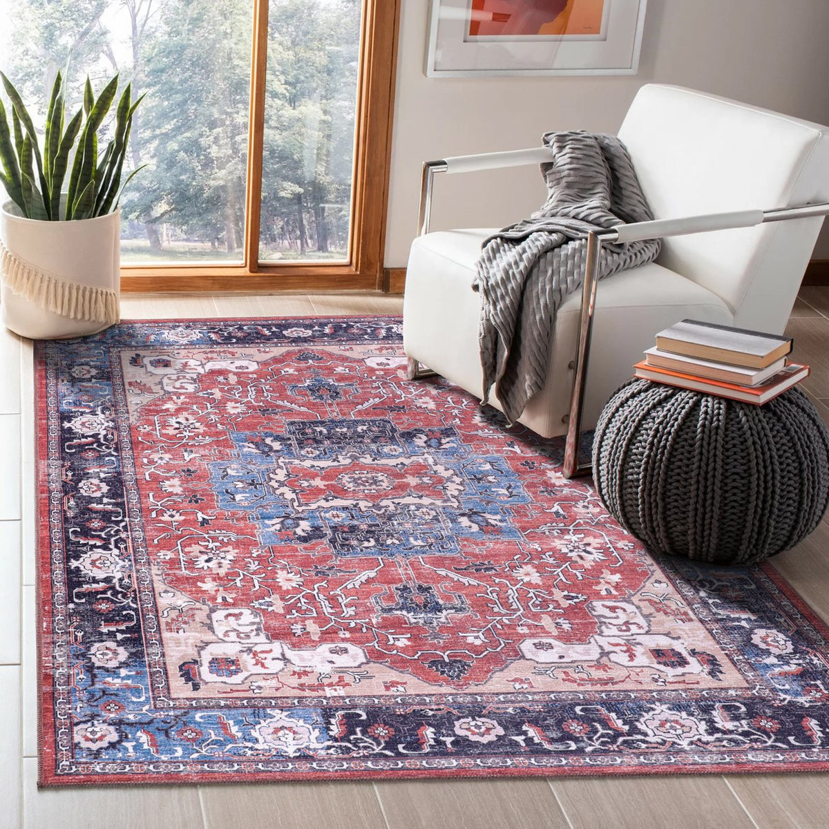 Coral & Navy Persian Medallion Washable Rug in a living room