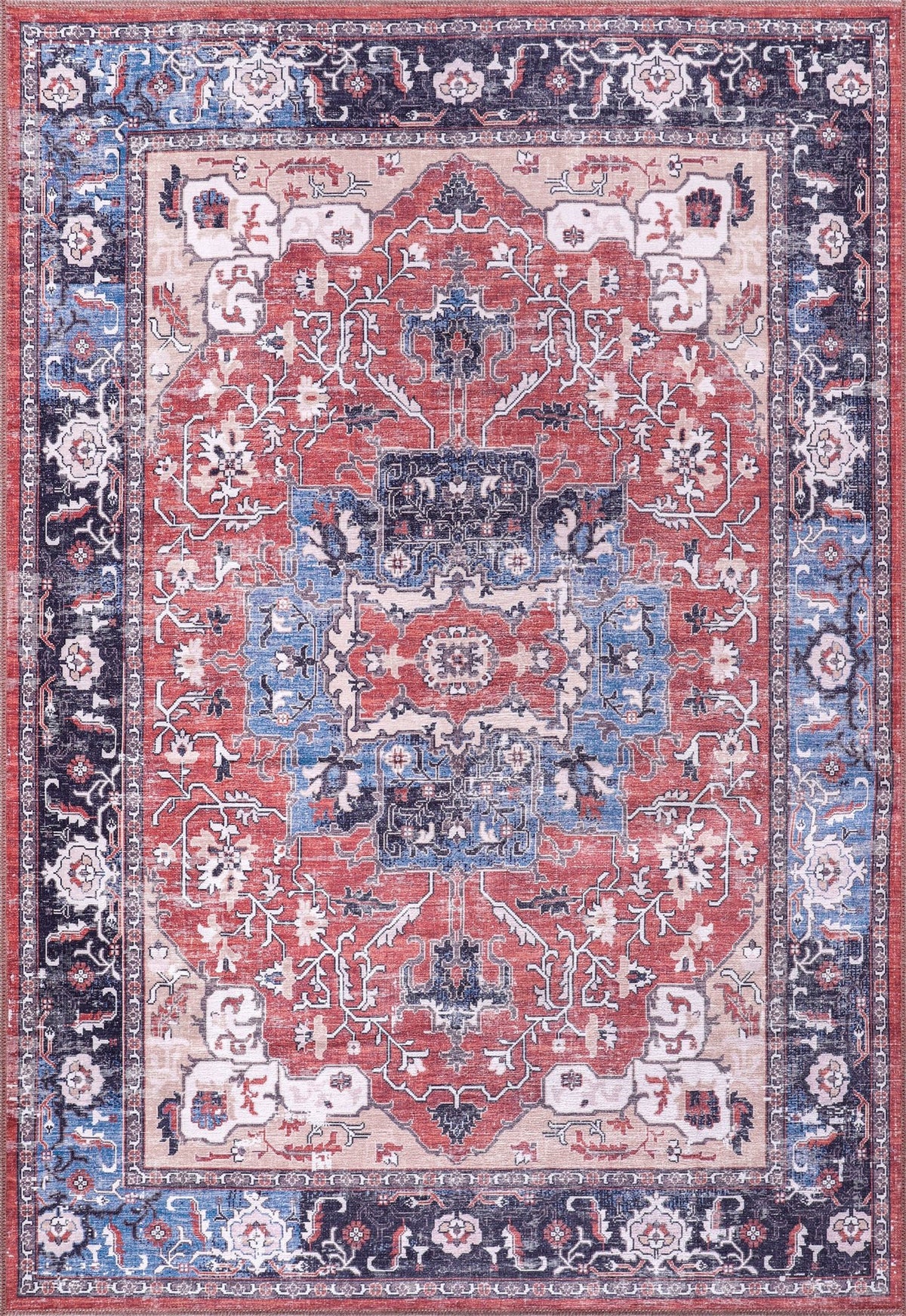 Coral & Navy Persian Medallion Washable Rug 2023 top view
