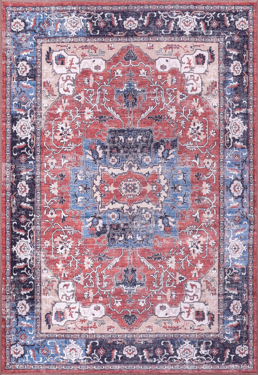 Coral & Navy Persian Medallion Washable Rug | 2023