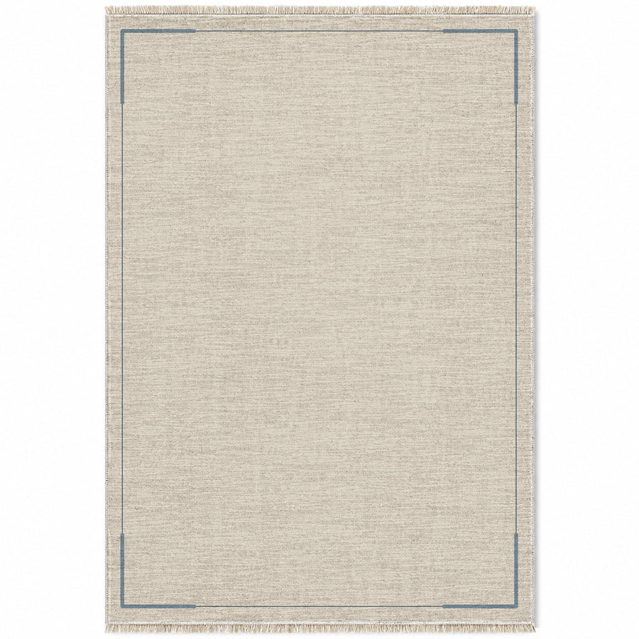 Corner Frame Ivory & Dusty Blue Bordered Washable Rug