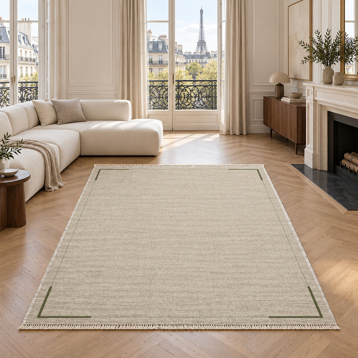 Corner Frame Ivory & Olive washable rug in a living room with an Eiffel Tower view