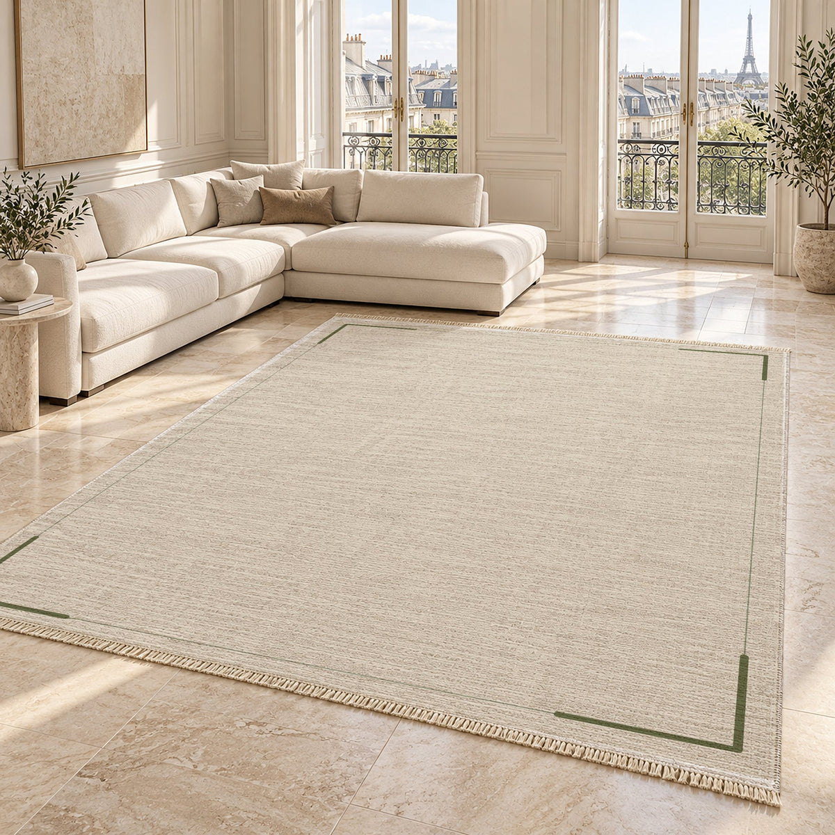 Corner Frame Ivory & Olive washable rug angled room view on marble