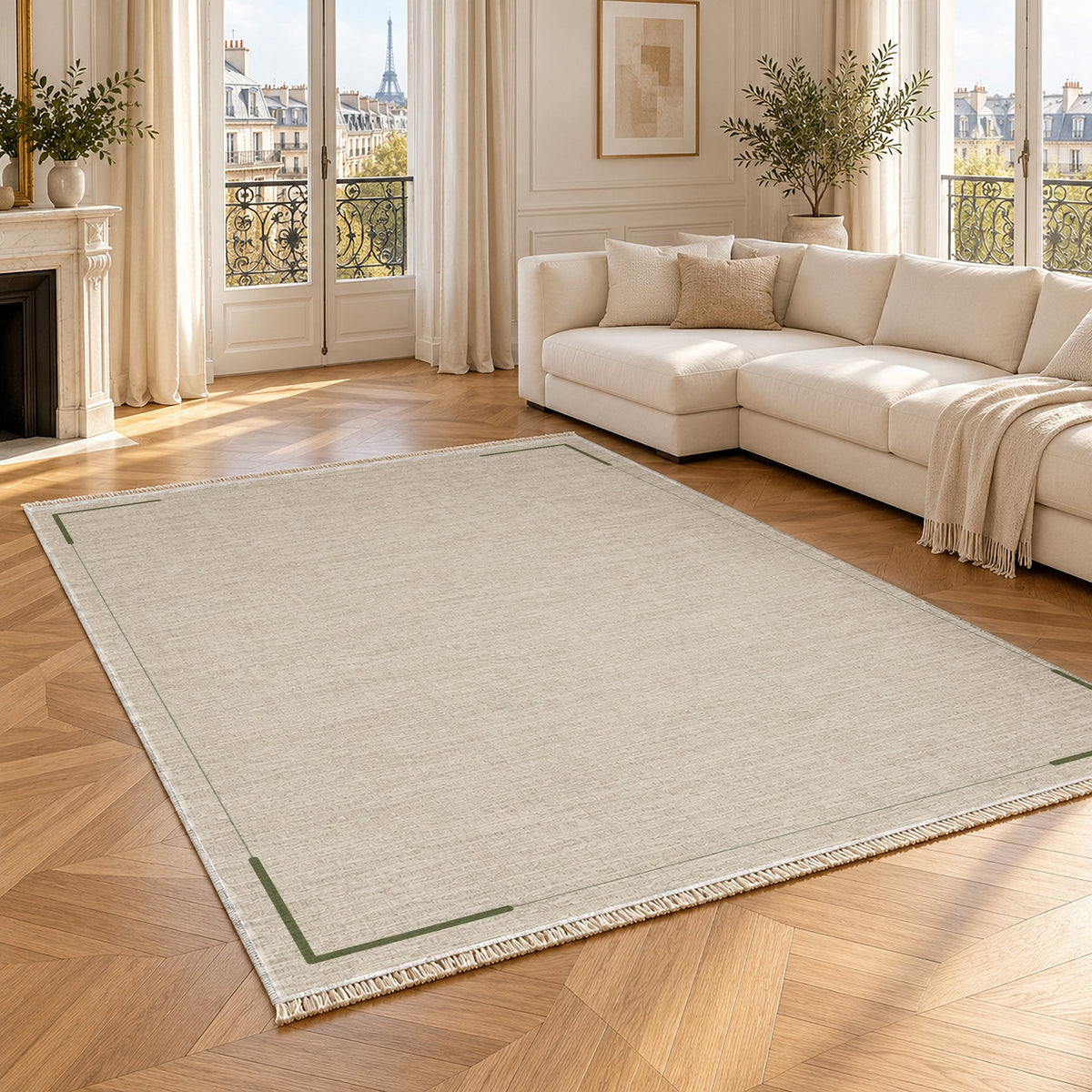 Corner Frame Ivory & Olive washable rug angled room view