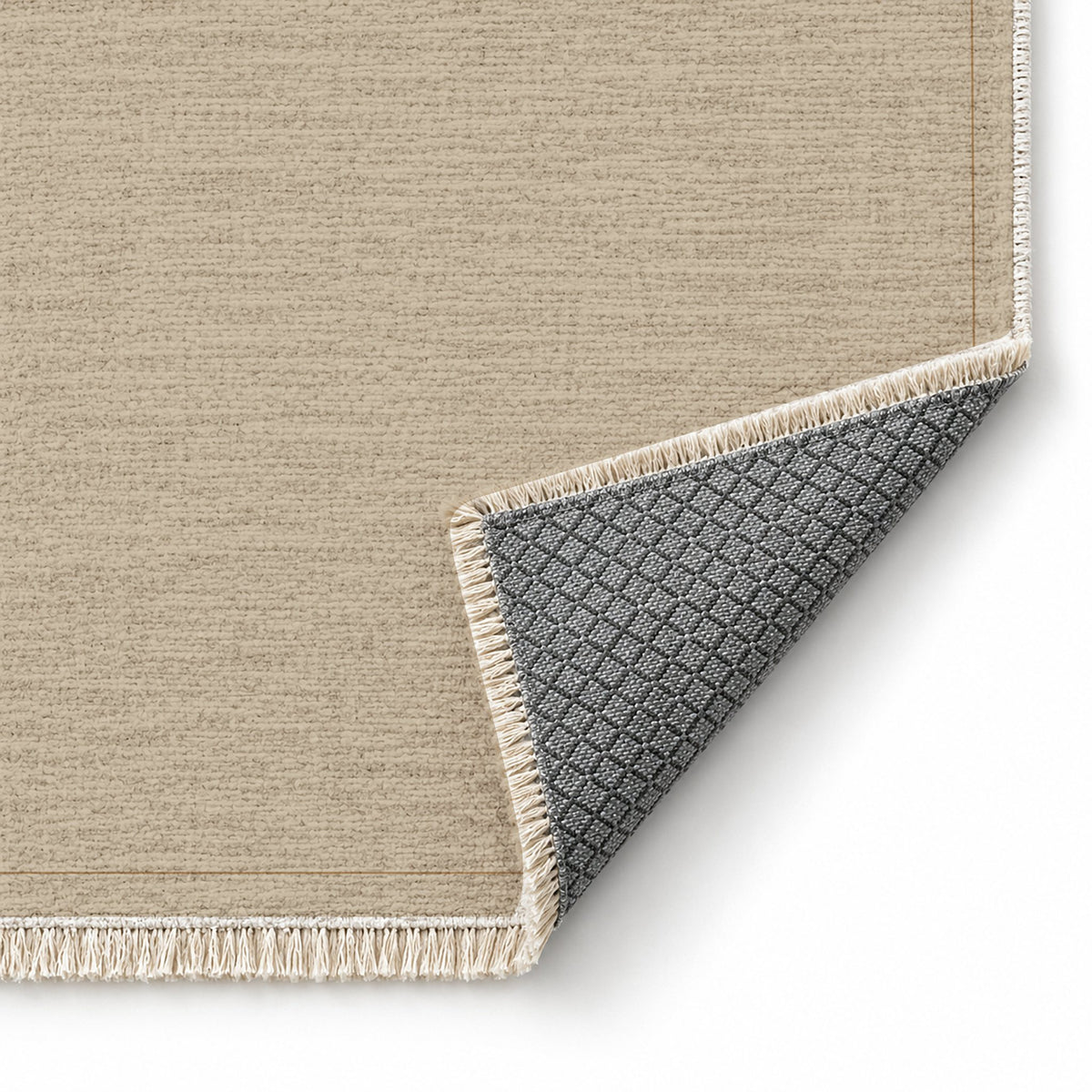 Corner Frame Oat & Cocoa washable rug folded corner showing the backing
