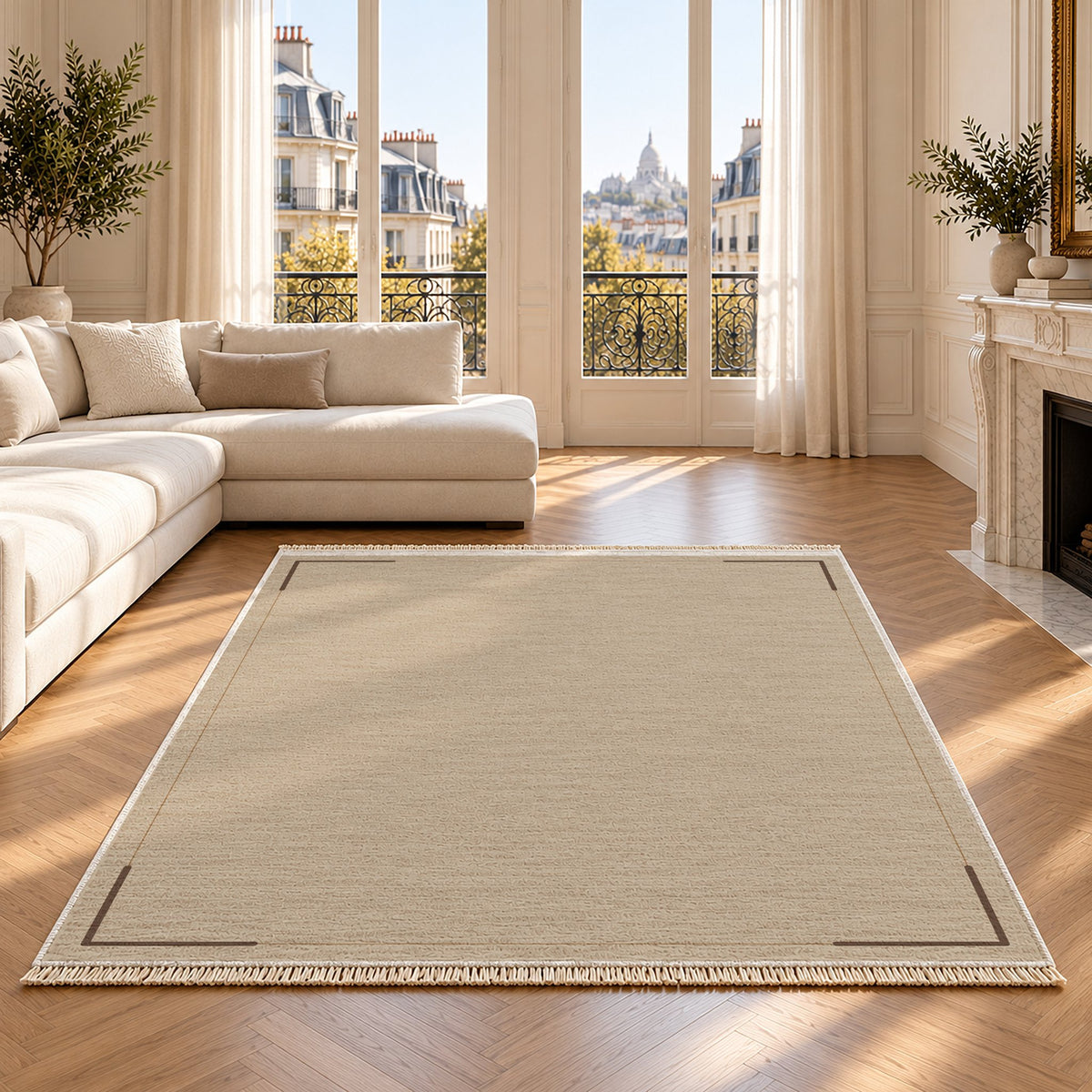 Corner Frame Oat & Cocoa washable rug on an oak floor