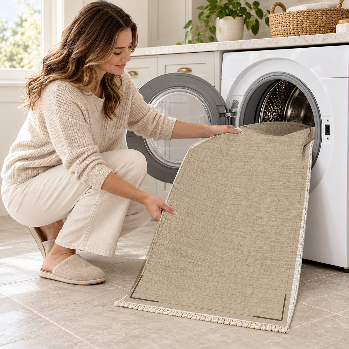 Corner Frame Oat & Cocoa washable rug being loaded into a washing machine