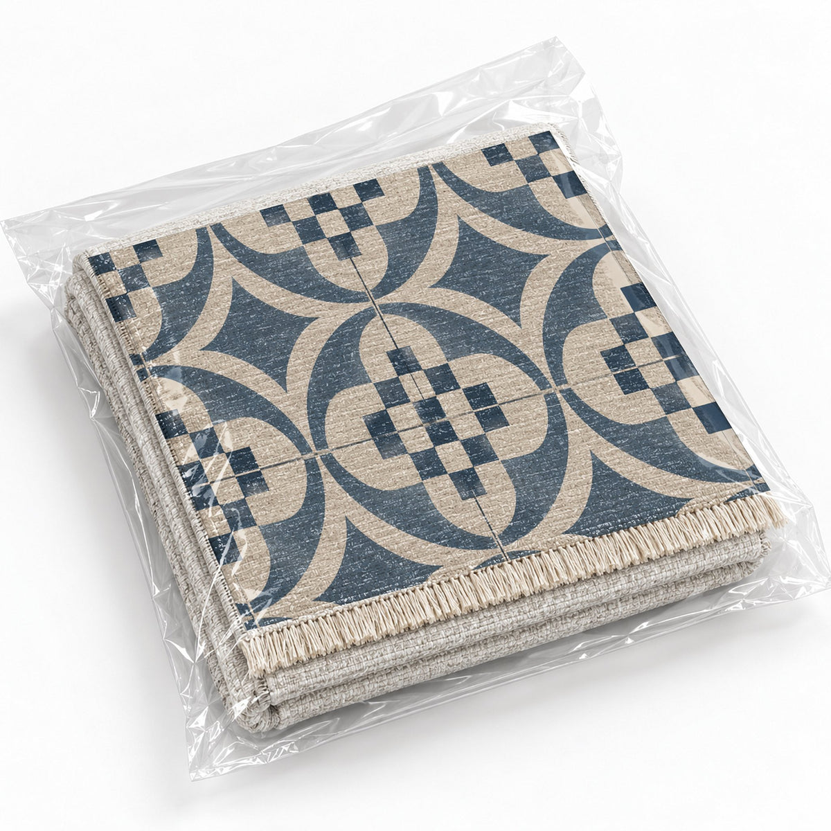 Courtyard Tile Ivory & Denim washable rug rolled and packaged