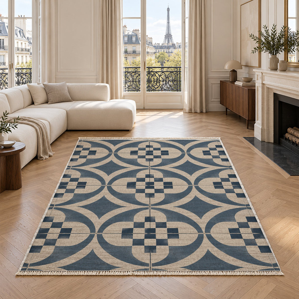 Courtyard Tile Ivory & Denim washable rug in a living room with an Eiffel Tower view