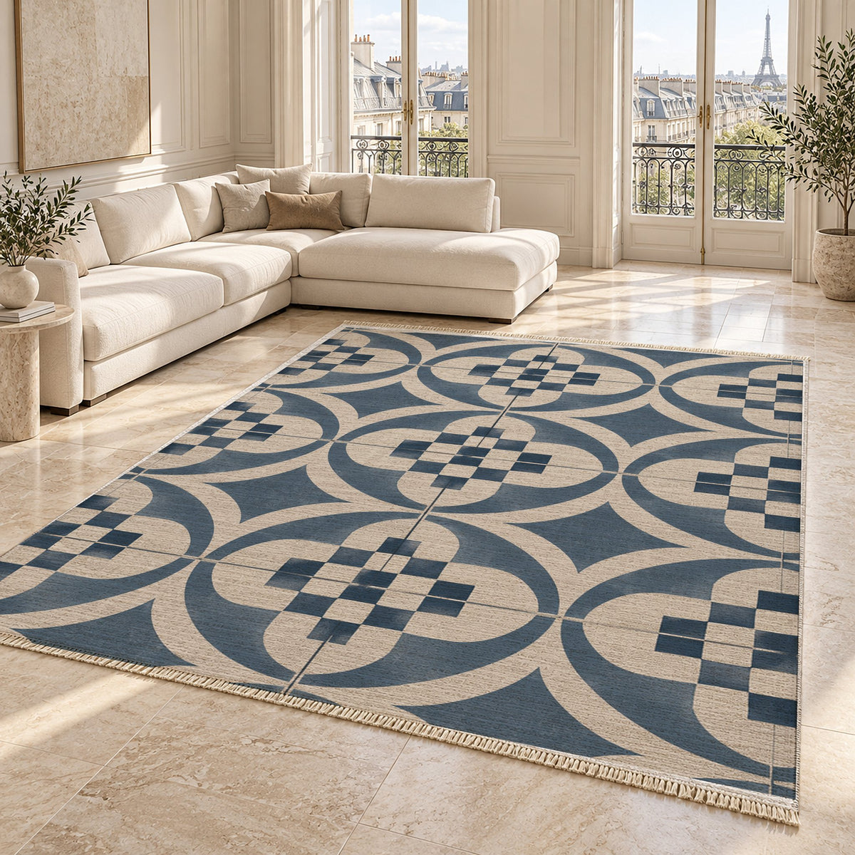 Courtyard Tile Ivory & Denim washable rug angled room view on marble