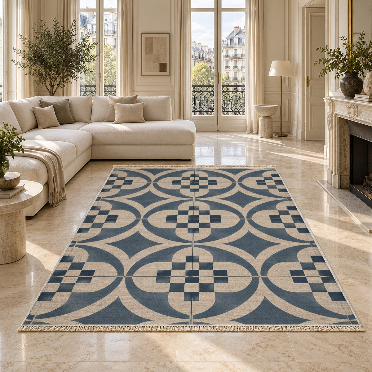 Courtyard Tile Ivory & Denim washable rug on a marble floor