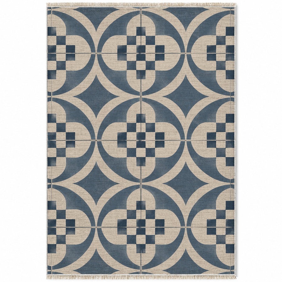 Courtyard Tile Ivory & Denim Mediterranean Washable Rug