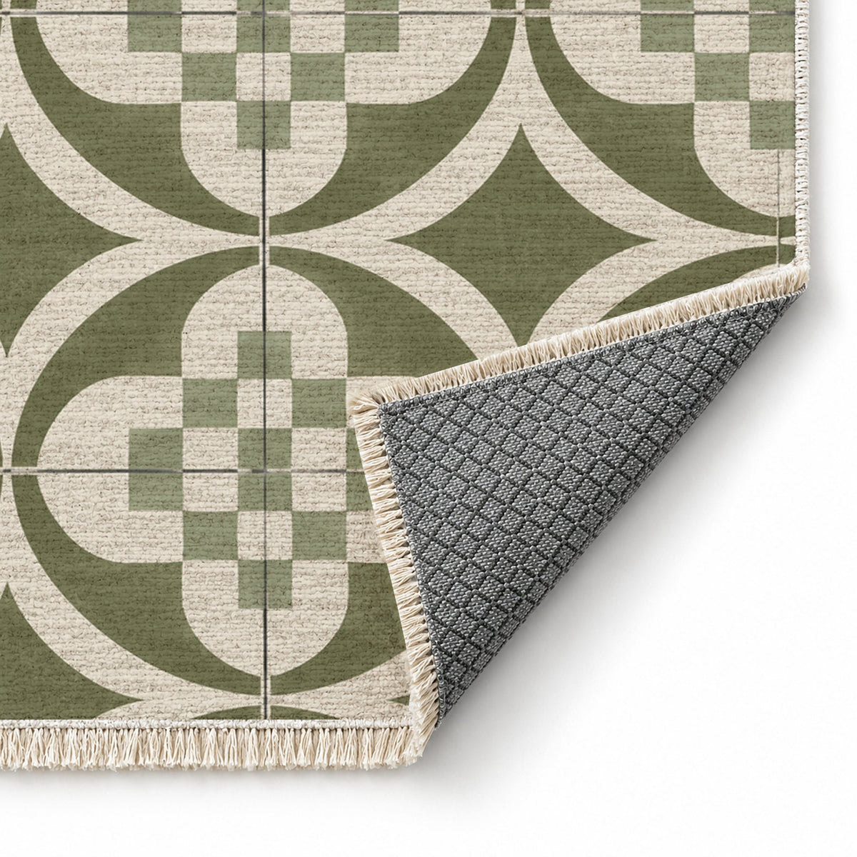 Courtyard Tile Ivory & Olive washable rug folded corner showing the backing