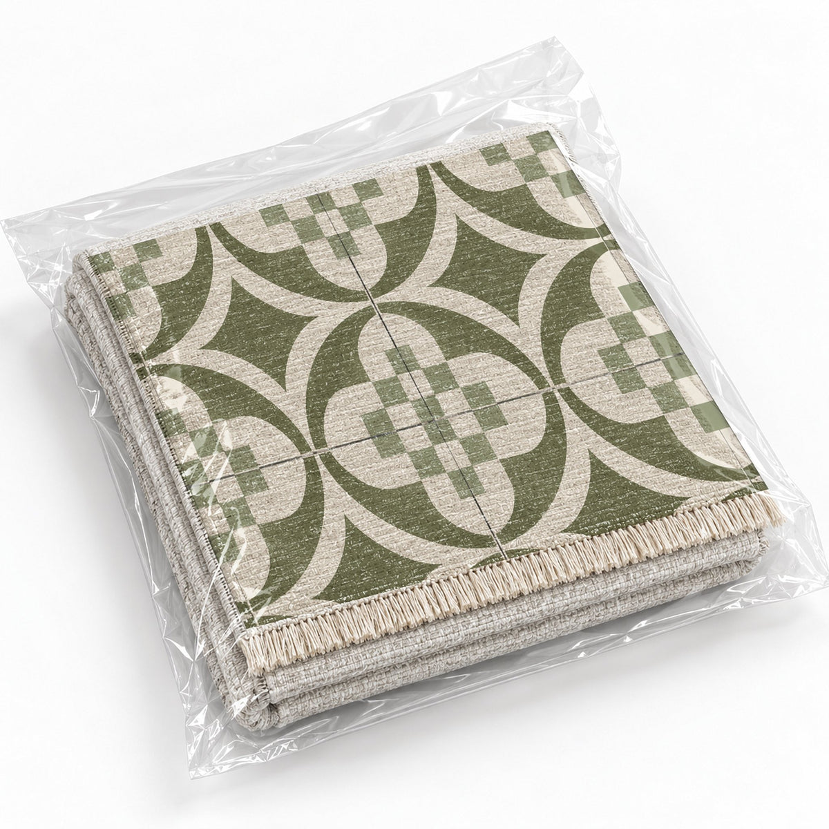 Courtyard Tile Ivory & Olive washable rug rolled and packaged