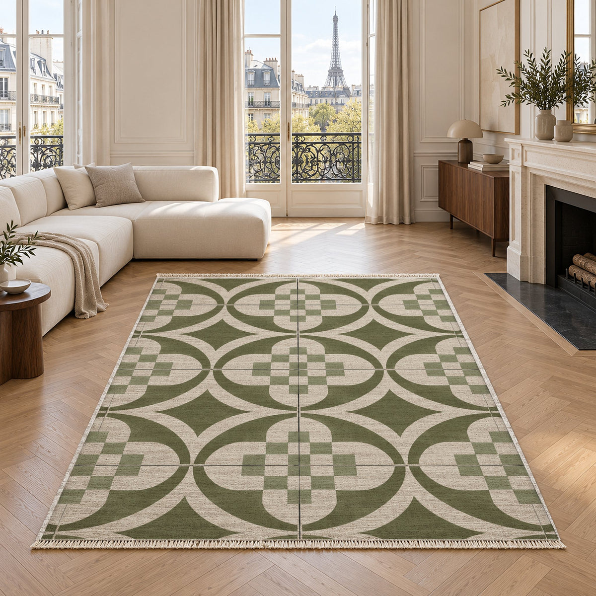 Courtyard Tile Ivory & Olive washable rug in a living room with an Eiffel Tower view