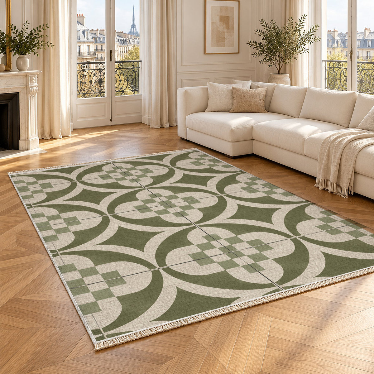 Courtyard Tile Ivory & Olive washable rug angled room view