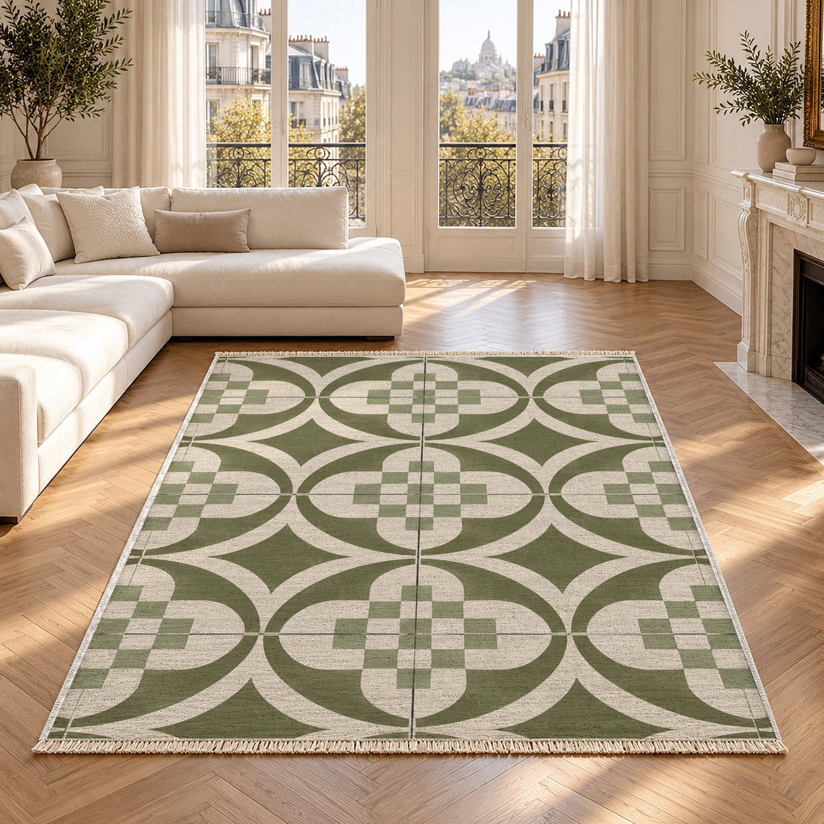 Courtyard Tile Ivory & Olive washable rug in a Paris living room
