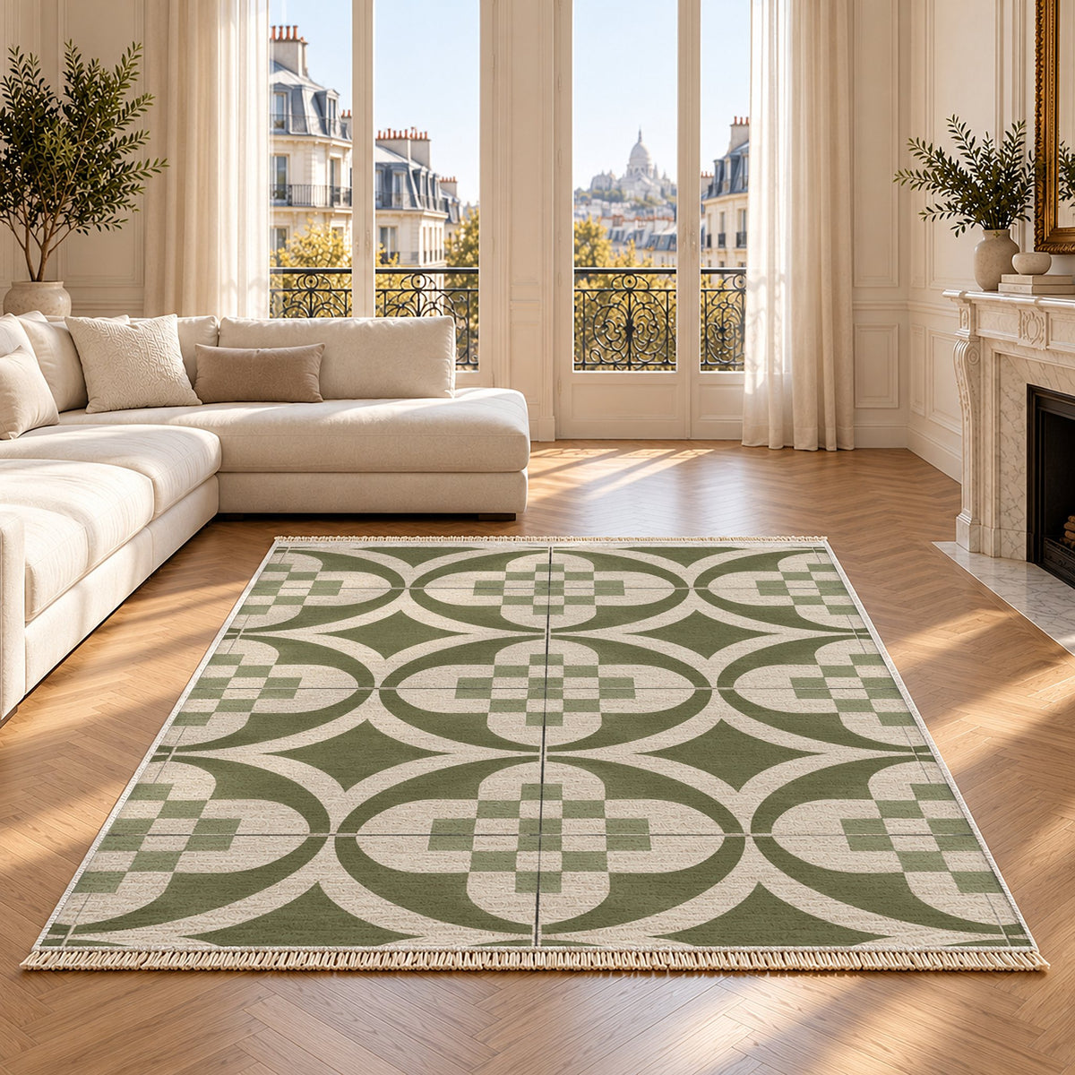 Courtyard Tile Ivory & Olive washable rug on an oak floor