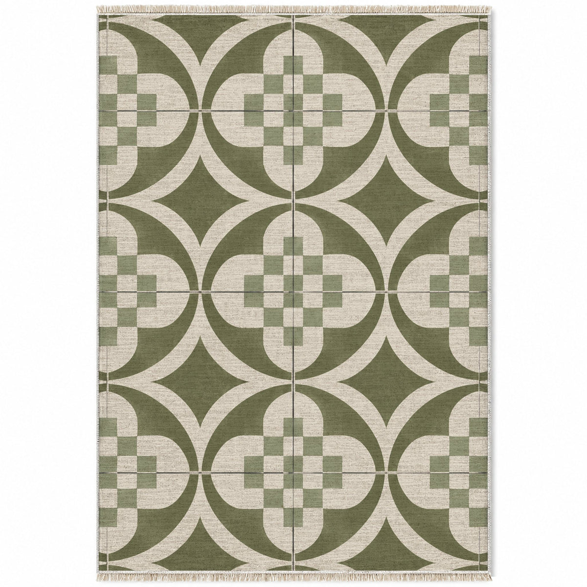 Courtyard Tile Ivory & Olive washable rug top view