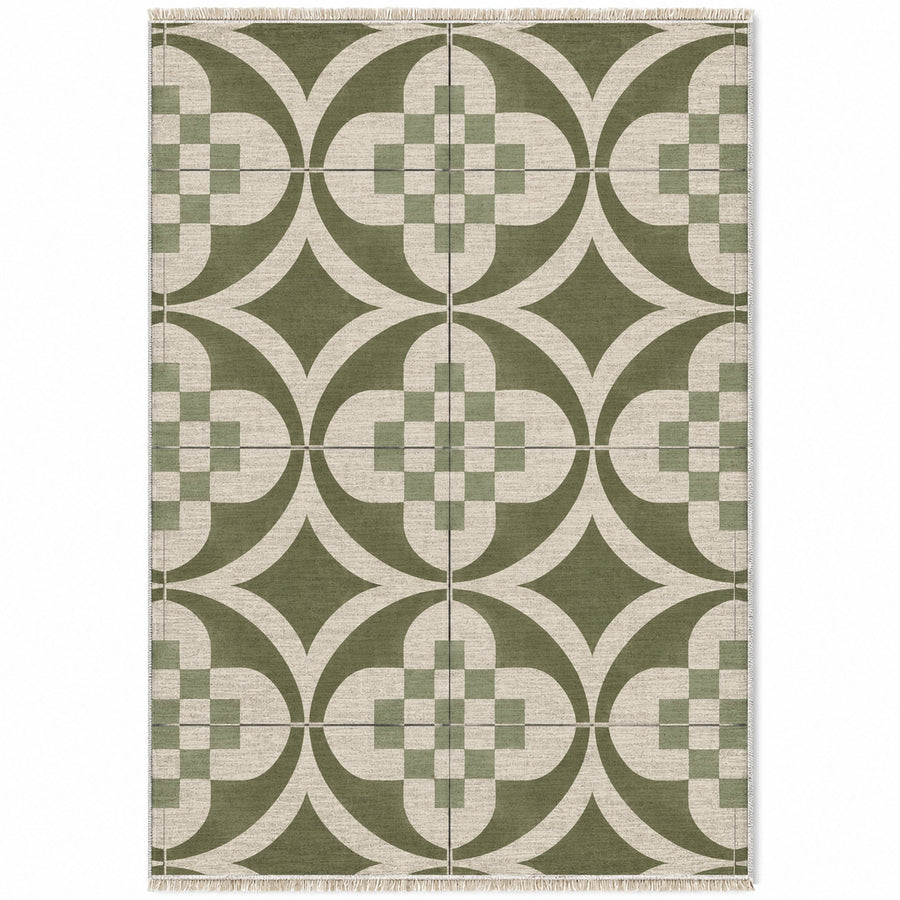 Courtyard Tile Ivory & Olive Mediterranean Washable Rug