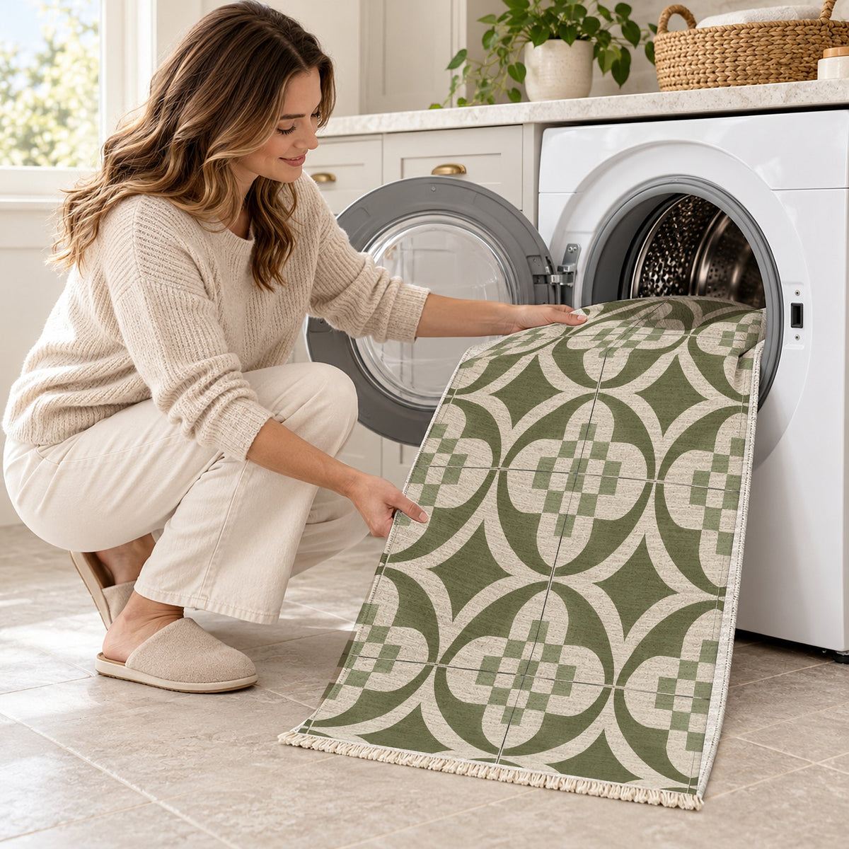 Courtyard Tile Ivory & Olive washable rug being loaded into a washing machine